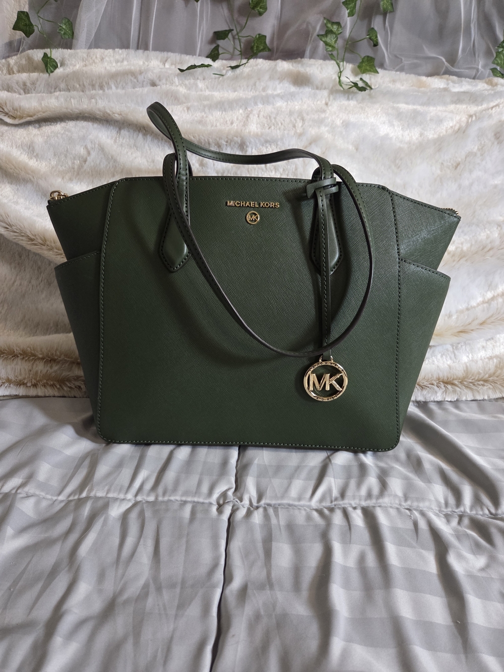 Michael Kors Olive Green Saffiano Leather Tote with Gold Hardware